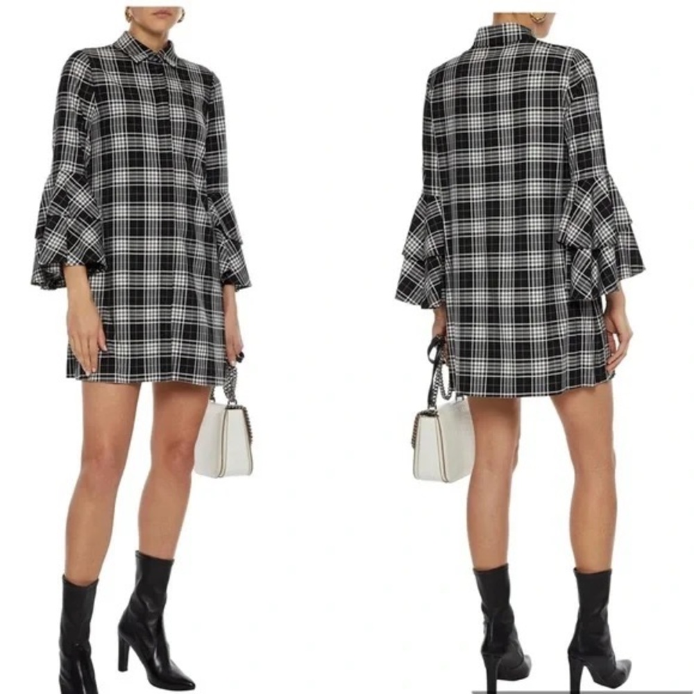 Alice+Olivia gray check Jem Double Trumpet Shirt Dress